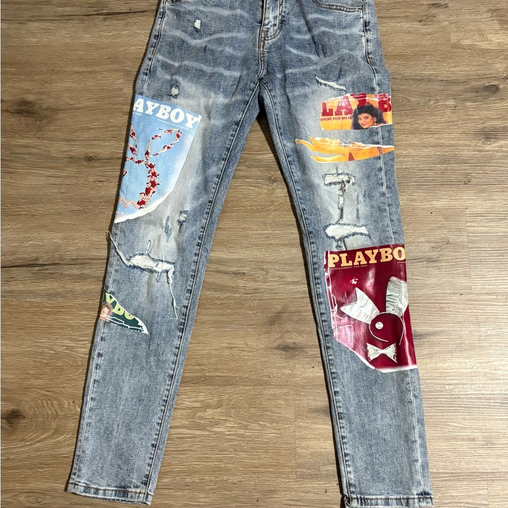 PLAYBOY Women's Graphic Straight Leg Jeans - Light Blue